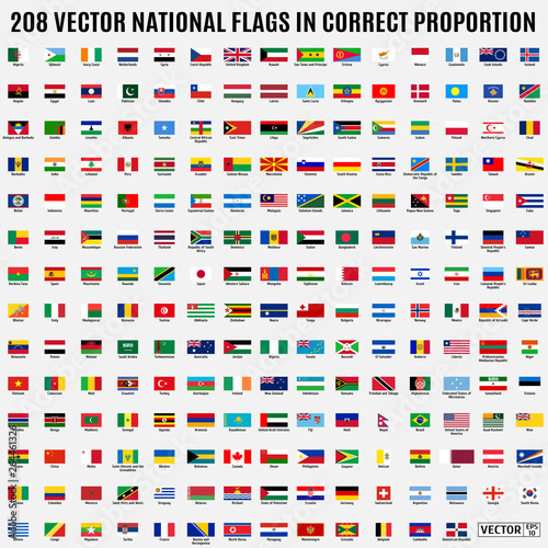 Vector collection of 208 national flags with detailed emblems of the world in correct proportion photo