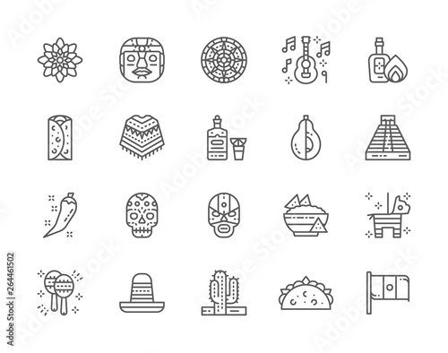 Set of Mexican Culture Line Icons. Tequila, Burrito, Poncho, Agave and more.