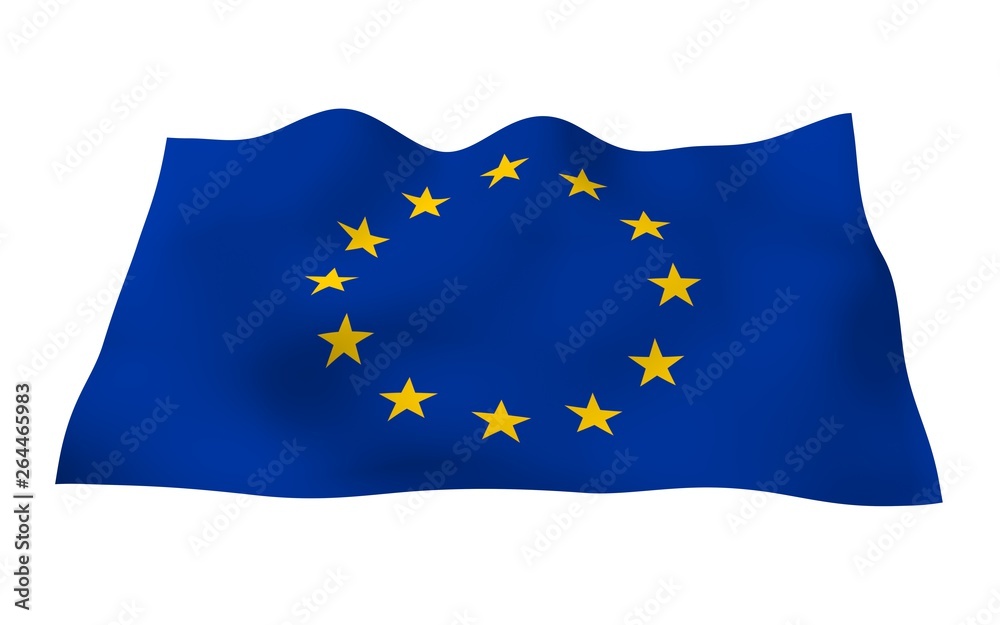 Slightly waving flag of the European Union isolated on white background, 3D rendering. Symbol of Europe. 3D illustration Slightly waving flag of the European Union isolated on white background, 3D rendering. Symbol of Europe. 3D illustration