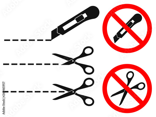 Cut line with scissors and stationery knife. Vector illustrations set. Sign prohibiting cutting packaging and parcels by knife and scissors. Black icons isolated on white.