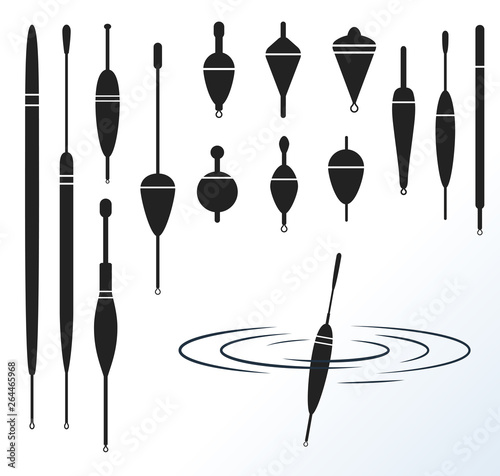 Fishing float. Vector set of fishing gear. Black silhouettes isolated on white. Angling symbol. Logo for a fishing club or clothes.