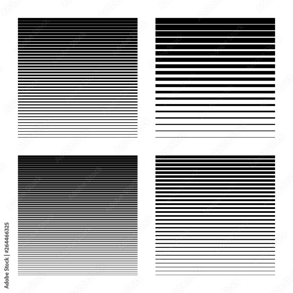 Linear halftone background with gradient effect. Set of vector illustrations. Black lines of decreasing width isolated on white background. Speed lines for manga and comics. Abstract striped texture.