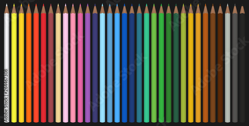 Colour pencils. Set of 33 pencils in different colors isolated on a dark background. Vector illustration. Kit for creativity and visual arts. Gradient order of pencils.