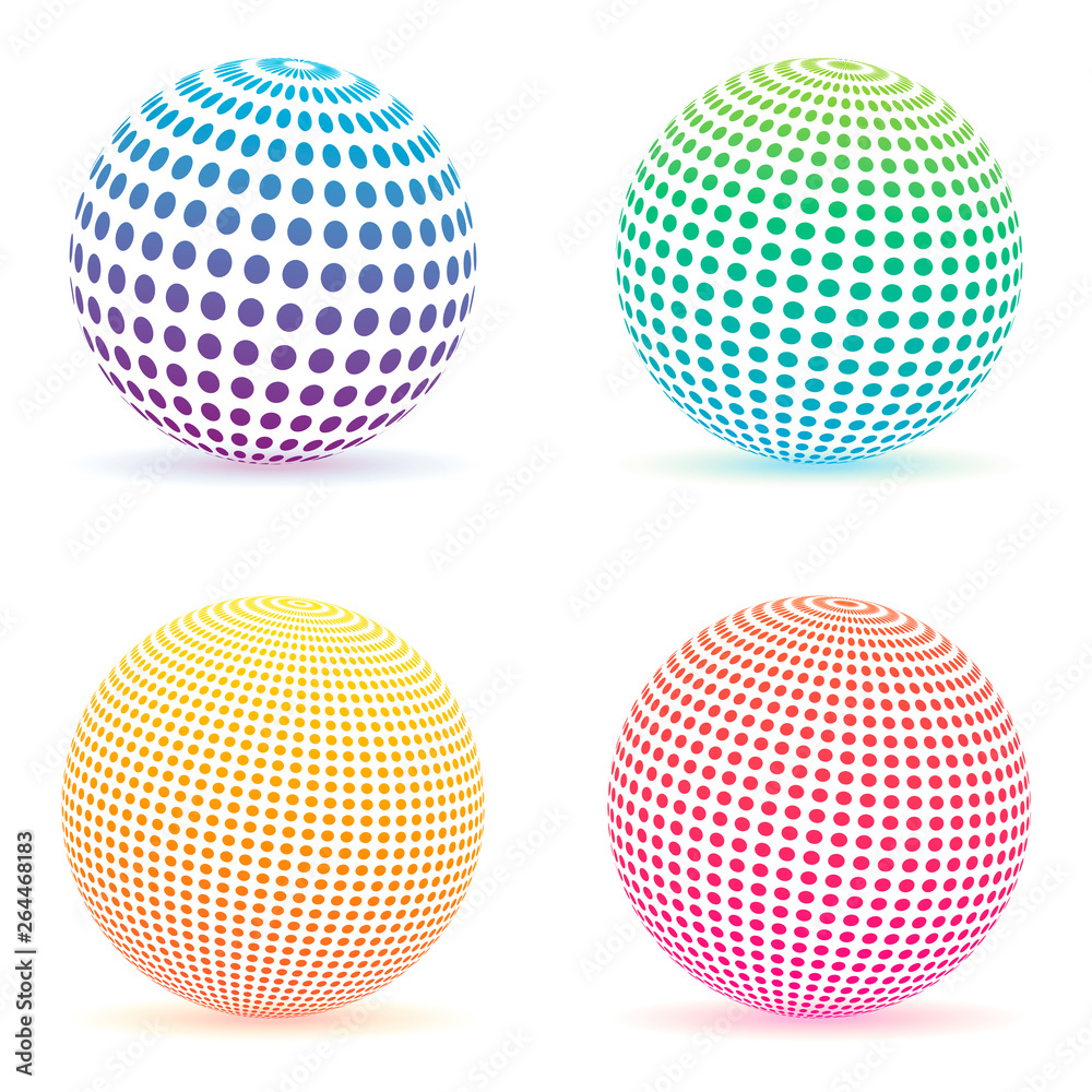 Halftone dots gradient sphere. Colorful round logo set isolated on white. Abstract vector elements for your design.