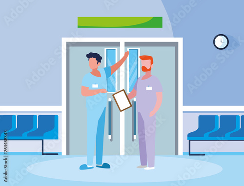 male medicine workers in elevator door