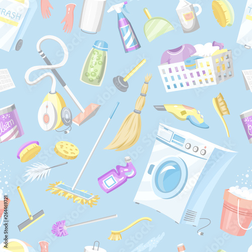 Cleaning tools seamless pattern. House icons background. Washing machine, Detergents Cleanser, Water bucket for Mopping, Chemicals Appliances for service. Cartoon Household.