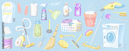 Set of Cleaning tools. Washing machine, Detergents Cleanser, Water bucket for Mopping, Chemicals Appliances for service. House icons for poster. Cartoon Household.
