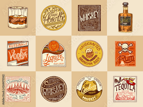 Set of Alcohol Labels. Vintage American badge with calligraphic elements. Rum Whiskey Beer. Hand drawn engraved lettering.