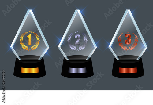 Set of Glass trophy award. Vector award on   gray background, easy to modify