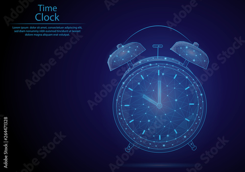 Abstract image Clock in the form of a starry sky or space, consisting of points, lines, and shapes in the form of planets, stars and the universe. Low poly vector background.
