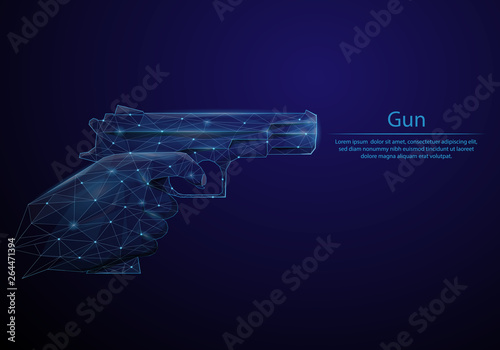 Abstract image of a Gun in hand in the form of a starry sky or space, consisting of points, lines, and shapes in the form of planets, stars and the universe. Low poly vector background.