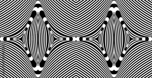 Seamless pattern with hypnotic trance texture. Abstract black and white striped background. Op art monochrome abstraction. Psychedelic trippy art.