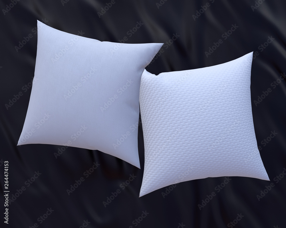 Two blank white soft square cotton pillows on black satin bedsheet, messy bed sheets, mockup for your design, 3D render Two blank white soft square cotton pillows on black satin bedsheet, messy bed sheets, mockup for your design, 3D render