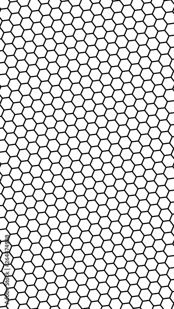 Black honeycomb on a white background. Perspective view on polygon look like honeycomb. Isometric geometry. Vertical image orientation. 3D illustration