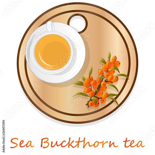 Cup of sea buckthorn tea on the dish. Branch of sea buckthorn berries with leaves. Vector illustration set on white background.