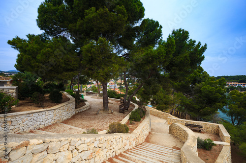 Mediterranean pines in a city park in Moraira overlooking Playa El Portet beach in Mediterranean Alicante, Spain photo