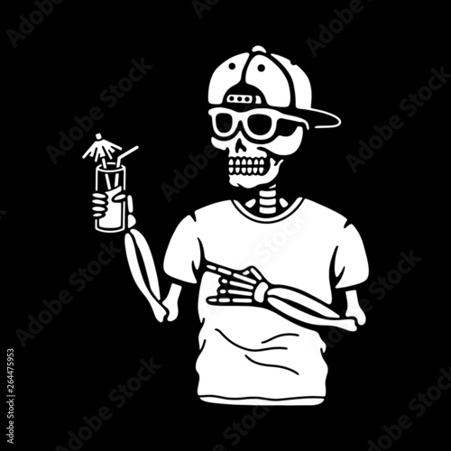 Skeleton chilling with cocktail black background