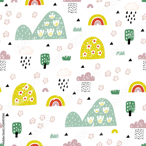 Cute abstract landscape with hills, trees, flowers, clouds and rainbows. For kids fabric, textile, nursery wallpaper. Childish Illustration.