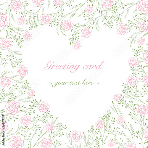 Wedding invitation, greeting card with drawn roses. Heart-shaped template with tender line pattern. Pastel colours pink and green. 
