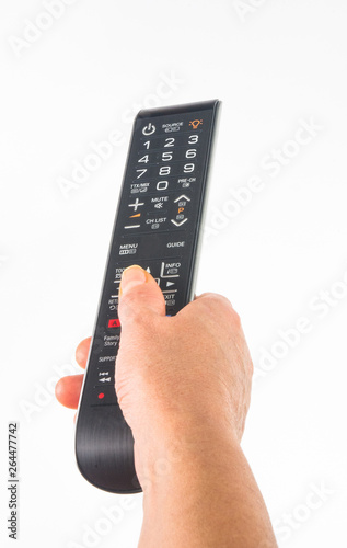 hand holding a remote control on white background, close-up