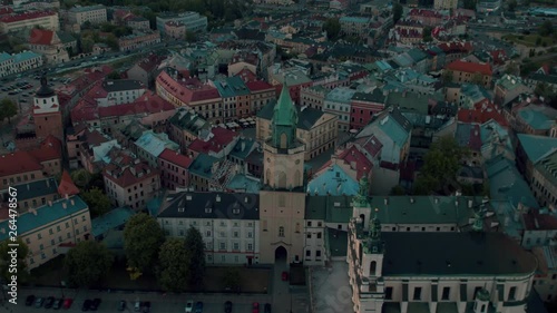 The drone flies above the old town in Lublin.