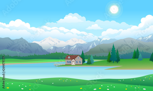 Beautiful landscape with house on lake, forest and mountains