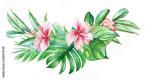 Watercolor tropical design with flowers and plants isolated on white background.