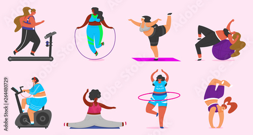 Fitness girls Plus Size. Health sport in club. Set of Fat Woman doing exercises, loses weight, running on the simulator, warming up. Training pose in yoga classes, Cute female or Full Body characters.