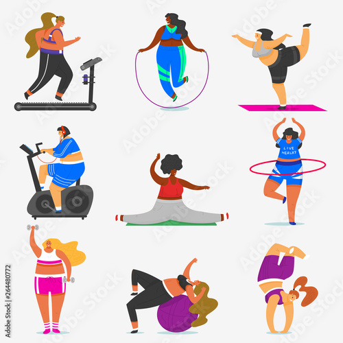 Fitness Fat girls Plus Size. Health sport in club. Woman doing exercises, loses weight, running on the simulator, warming up. Training pose in yoga classes, Cute female or Full Body characters.