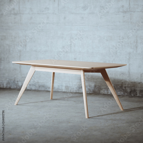 Mid century wood table in concrete interior 3d render