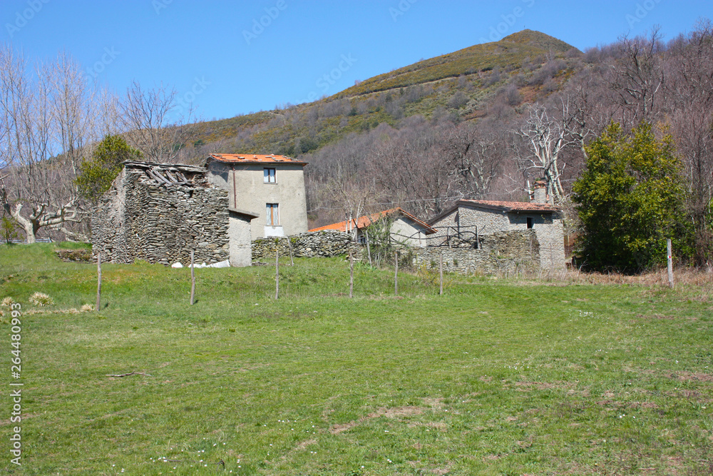 Obraz premium abandoned village and empty solitary houses. green lawn on a sunny spring day in Cerreta San Nicola