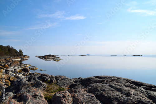 Early morning in the Swedish archipelago with tranquil water and no people around. The island -and national park - 