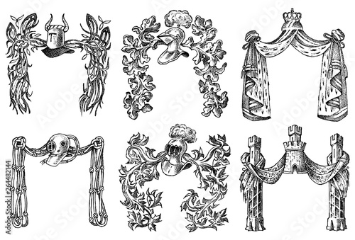 Ornament with calligraphic elements in baroque style. Medieval vintage heraldry. Flourishing Decoration for the coats of arms of a fantasy kingdom. Vector sketch hand drawn.