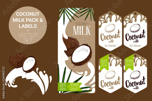 cartoon coconut on milk splash. coconut milk pack with palm leaves, organic labels tags. Colorful tropical stickers. exotic fruit badges with splashes. Fruit vector package set for web, print.