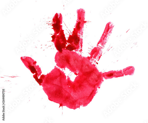 Watercolor red kids handprint isolated on white background - watercolor spots&splashes 