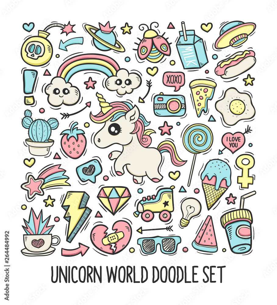 Unicorn World Doodle Set Hand Drawn Vector 1