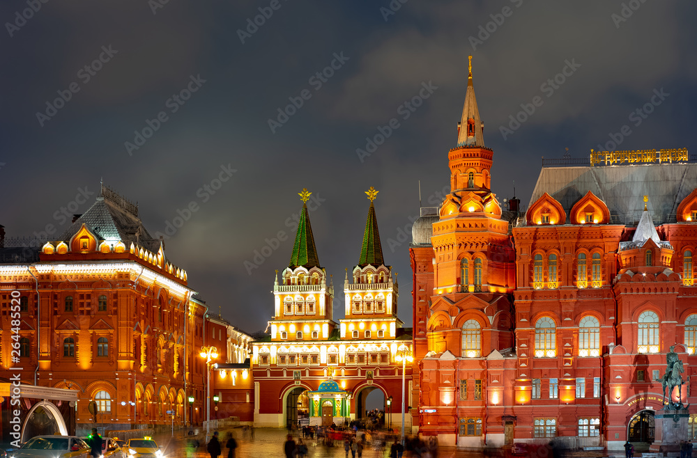 City the Moscow .Manezhnaya square Moscow,State historical museum.Chapel Of The Iveron Icon Of The Mother.Night view of the city.Russia.2019