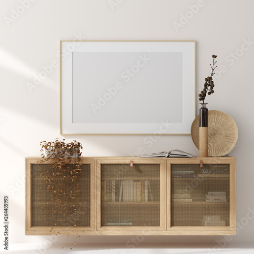 Mock up frame in home interior background, beige room with natural wooden furniture, Scandinavian style, 3d render © artjafara