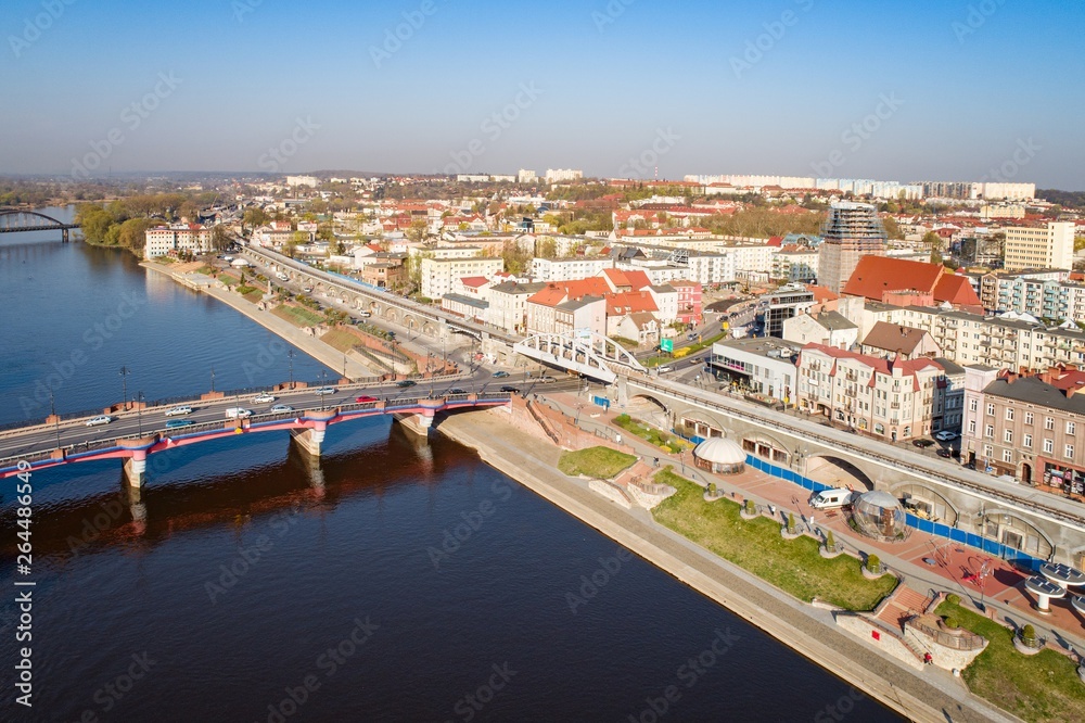 Aerial drone view on Gorzow Wielkopolski and Warta river.