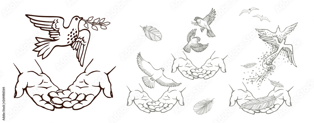 Set of hand-drawn drawings with hands and birds. Black and white vector illustration. Set of hand-drawn drawings with hands and birds. Black and white vector illustration.