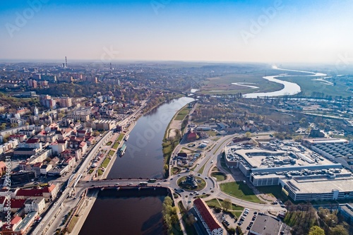 Aerial drone view on Gorzow Wielkopolski and Warta river.