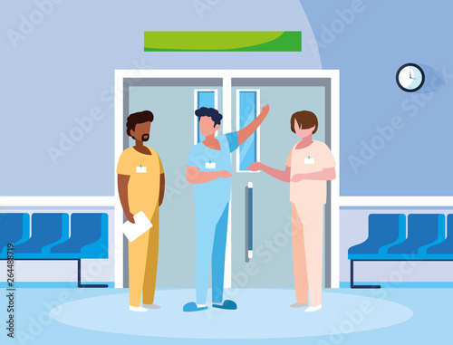 interracial male medicine workers in elevator door