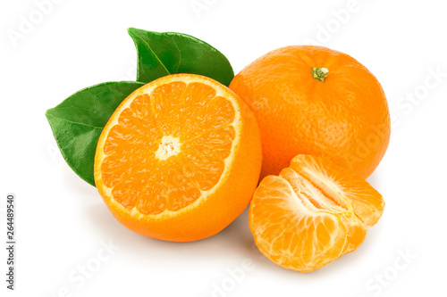 tangerine or mandarin fruit with leaves isolated on white background photo