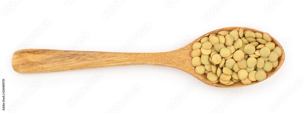 green lentil in wooden spoon isolated on white background. Top view green lentil in wooden spoon isolated on white background. Top view