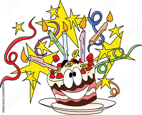 Cartoon happy birthday cake decorated with candles stars and ribbons vector illustration