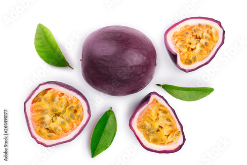 passion fruits and a half with leaves isolated on white background. Isolated maracuya. Top view. Flat lay
