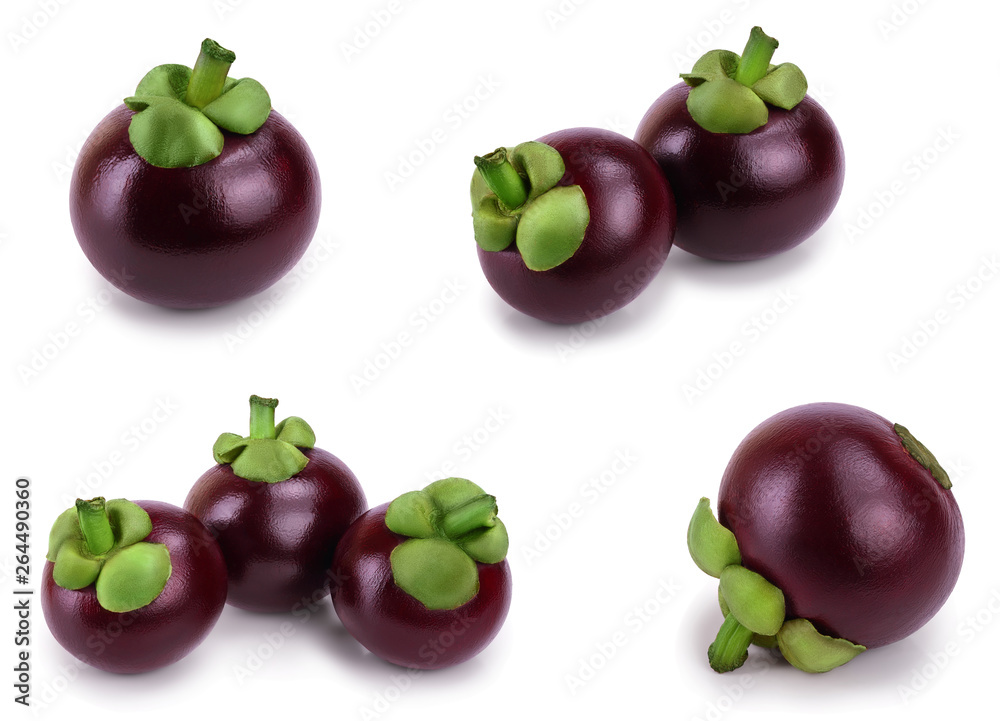 ripe mangosteen with leaves isolated on white background closeup. Set or collection ripe mangosteen with leaves isolated on white background closeup. Set or collection