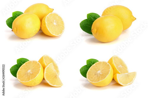 Lemon with leaf isolated on white background. Set or collection
