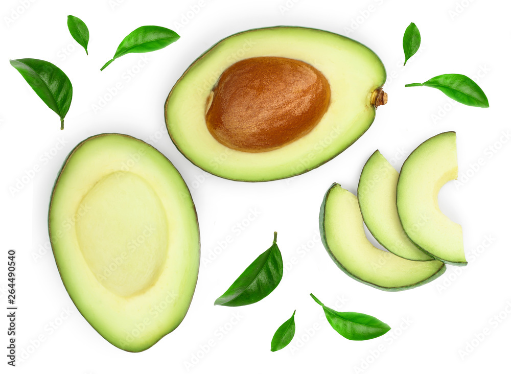 avocado and slices isolated on white background with copy space for your text. Top view. Flat lay avocado and slices isolated on white background with copy space for your text. Top view. Flat lay