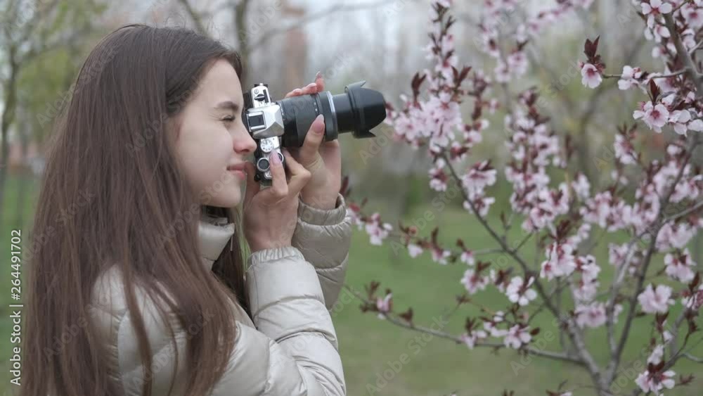 Girl photographer in the park. Young girl photographer, photographing the flowering trees. Girl photographer in the park. Young girl photographer, photographing the flowering trees.